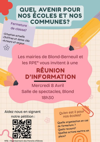 Réunion affaires scolaires le 8 avril à 18H30 à la salle des fêtes de blond pour une rencontre autour du projet de fermeture de classe du RPI